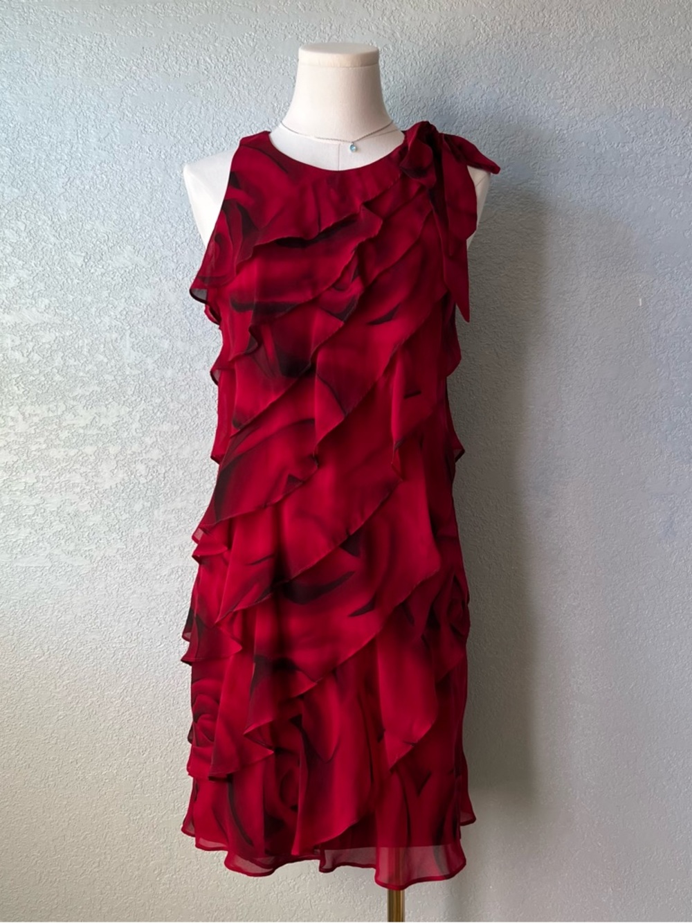 White House Black Market Red Ruffle Chiffon Dress XS Romantic Elegant